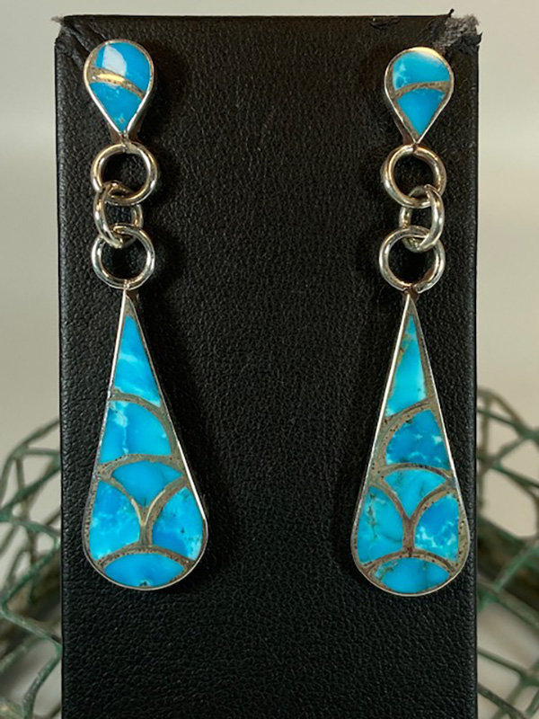 Sterling Silver Fish Scale Post Turquoise Earrings 2.25” long Lynette Johnson