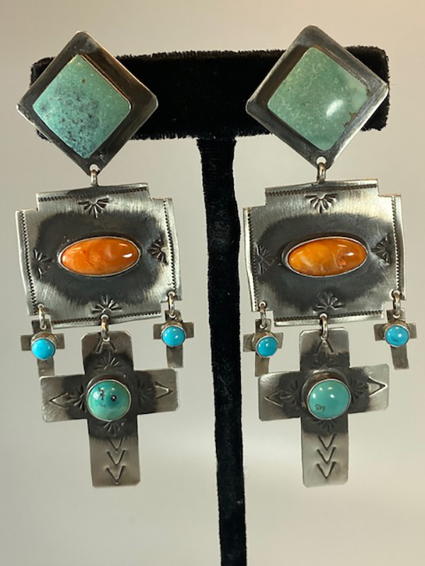 Sterling Silver Post Earrings 3.5 “ long with Three Crosses and Green Turquoise, Blue Turquoise, Spiny Oyster by Rita Lee