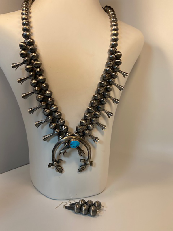 Sterling Silver and Blue Turquoise Cast Naja squash Blossom Necklace and matching Earrings